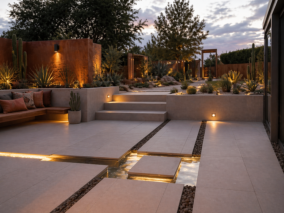 Modern rills elegantly weave through a contemporary desert garden, illuminated by subtle lighting, creating a serene and sophisticated outdoor oasis.