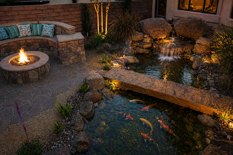 A magical koi pond illuminated at dusk, with vibrant fish gliding beneath a small waterfall and stone bridge, creating a serene backyard retreat.