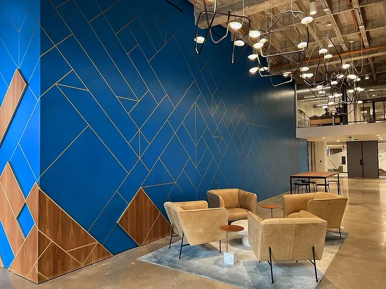 custom blue and wood paneling installation