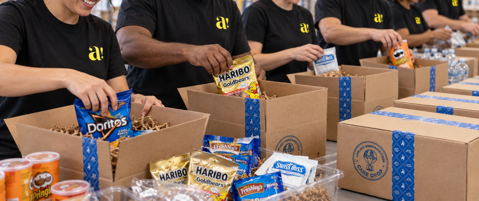 Andresen’s fulfillment team handled every step of the Care Drop kitting process, assembling 500 individual packages with sourced games, snacks, comfort items, and custom-printed materials before addressing and shipping each kit directly to Applied Underwriters employees.