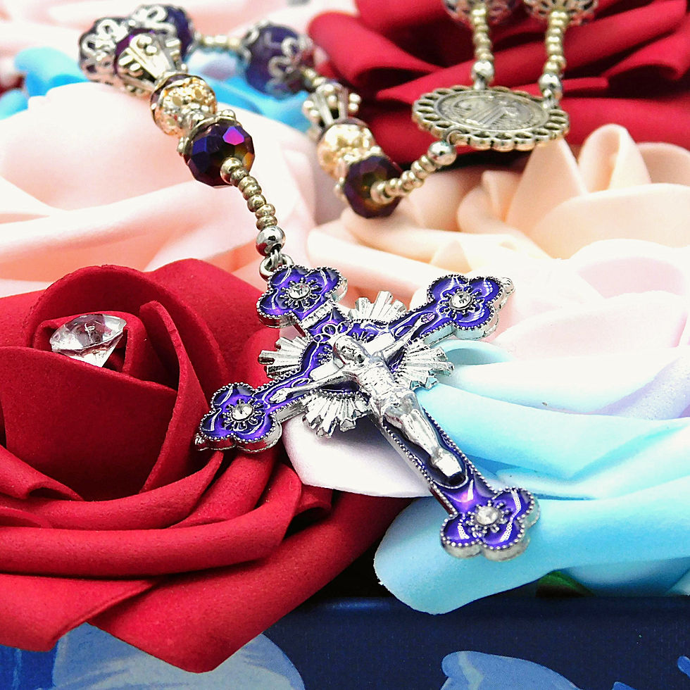 Thumbnail: Elegant handmade amethyst rosary with silver accents, intricate beadwork, & a detailed purple crucifix, displayed on marble