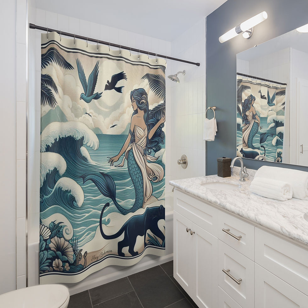 Thumbnail: Savy Curtain - Beach Mermaid Crows Black Panther - Design by Olivia