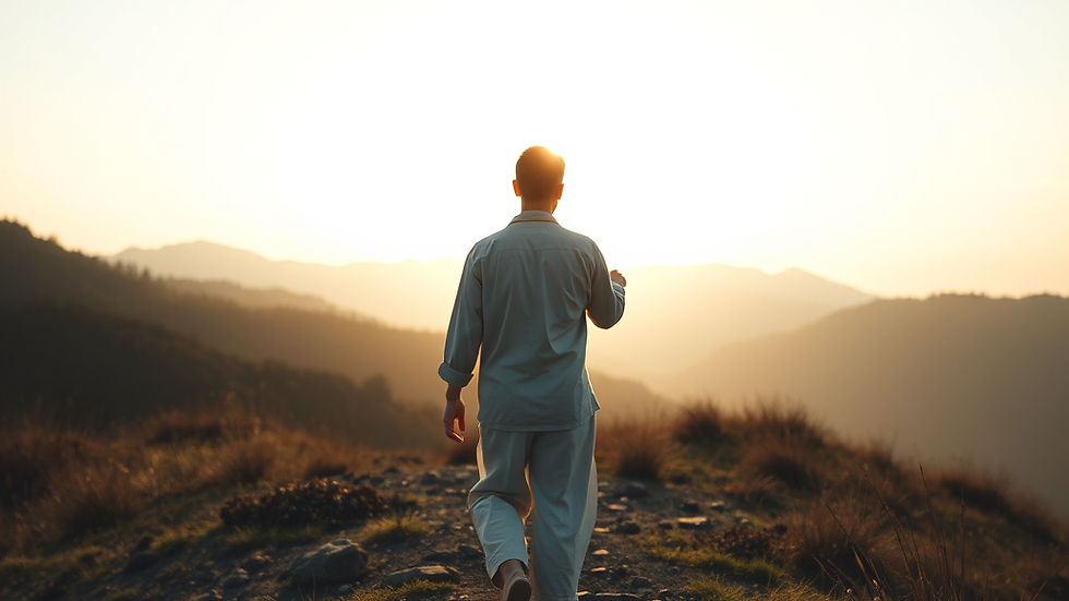 A person in light clothing walks on a mountain path at sunrise, surrounded by grassy hills, evoking a serene, contemplative mood.