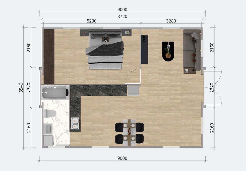 Eye-level view of a modern backyard studio apartment with outdoor seating