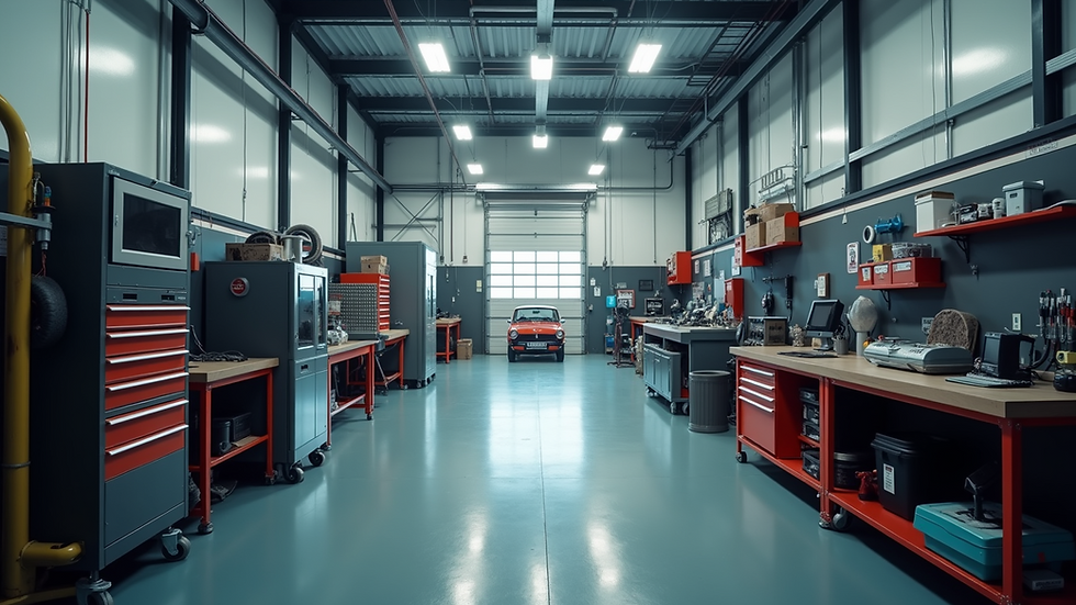 Wide angle view of a clean and organized maintenance workshop