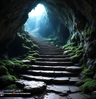 Une caverne obscure avec un escalier en pierre montant vers la lumière. Pourquoi consulter et les mots pour le dire