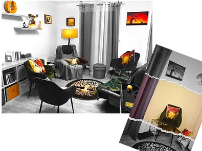 Cabinet de psychologue chaleureux avec fauteuils et coussins colorés sur le motif de l’arbre de vie. Thérapie de groupe et de couple, une co-construction