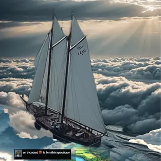 Voilier navigue dans le ciel laissant apparaitre dans son sillage à travers les nuages 1 vue sur la terre comme d’1 avion.Psychothérapie, voir à travers