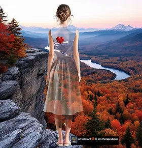 Depuis une colline vision de forêt, au travers le corps transparent de femme au cœur visible. Sentiment de vide, psychothérapie confiance en soi, anorexie