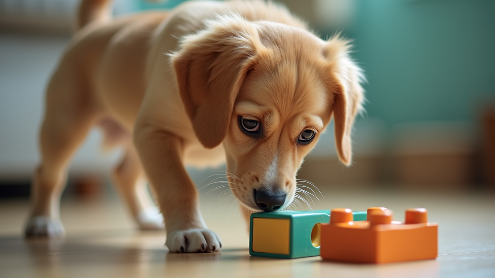 Close-up view of a dog playing with a puzzle toy at daycare