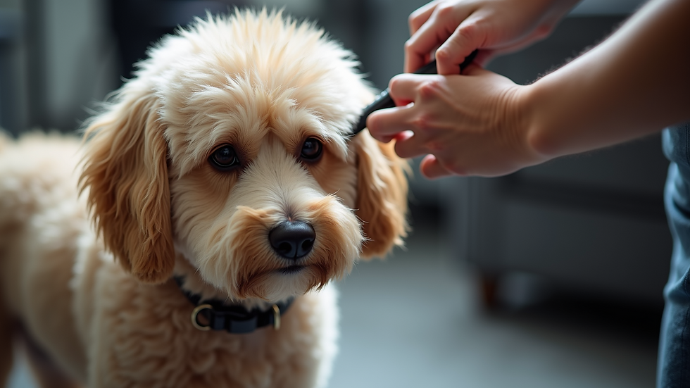 Close-up view of a fluffy dog being groomed