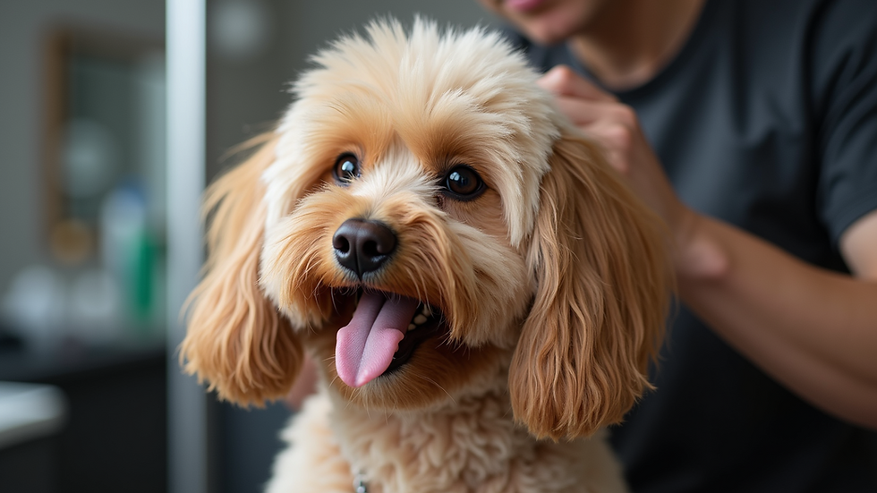 Close-up view of a happy dog getting groomed