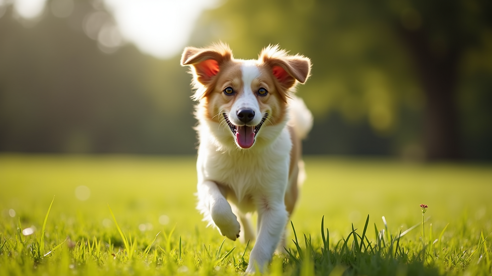 Eye-level view of a playful dog running in a grassy outdoor play area