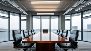Corporate boardroom with large conference table and city skyline view, representing water hygiene governance and board-level oversight in the UK water industry.