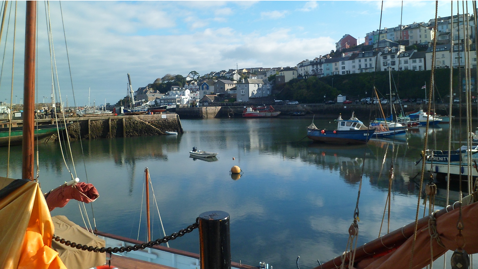 Fishing boats moored in a harbour with hillside houses in Devon