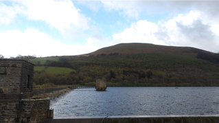 Reservoir and intake tower with hillside backdrop