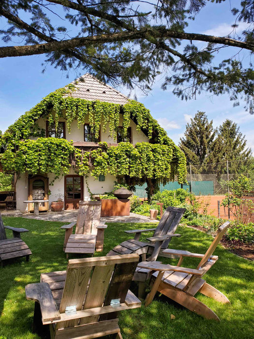 Outdoor café with mountain views in Slovenia.