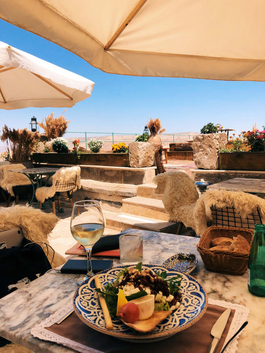 Traditional Turkish meal served at an outdoor rooftop restaurant.