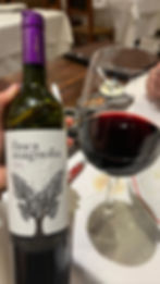 Glass of Malbec red wine with a Finca Magnolia bottle at a tasting in Argentina – FTLO Travel Argentina trip