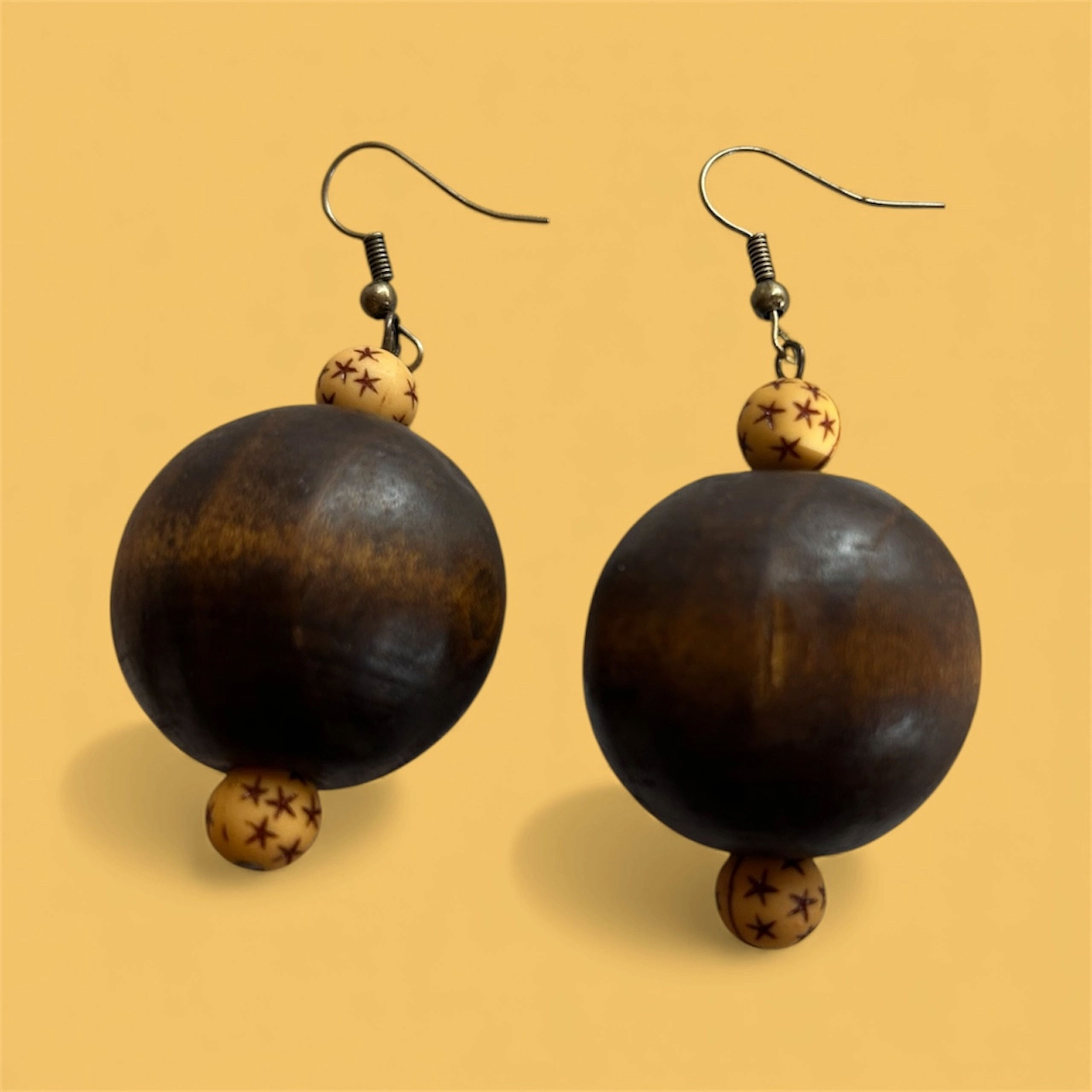 Large Dark Brown Round Wooden Beads with Smaller Light Brown Bead Earrings