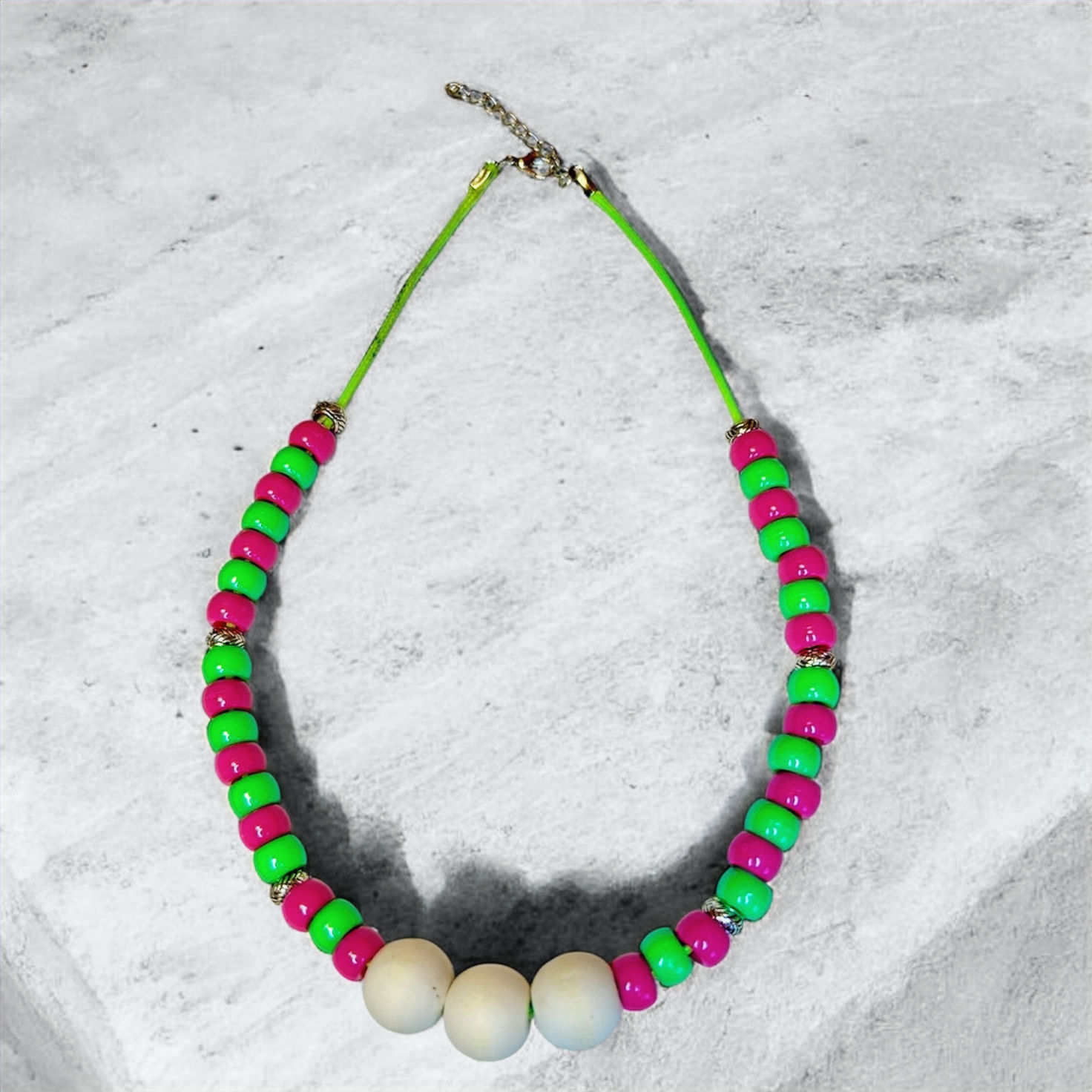 Pink & Green Beads Accented with White Large Beads Necklace