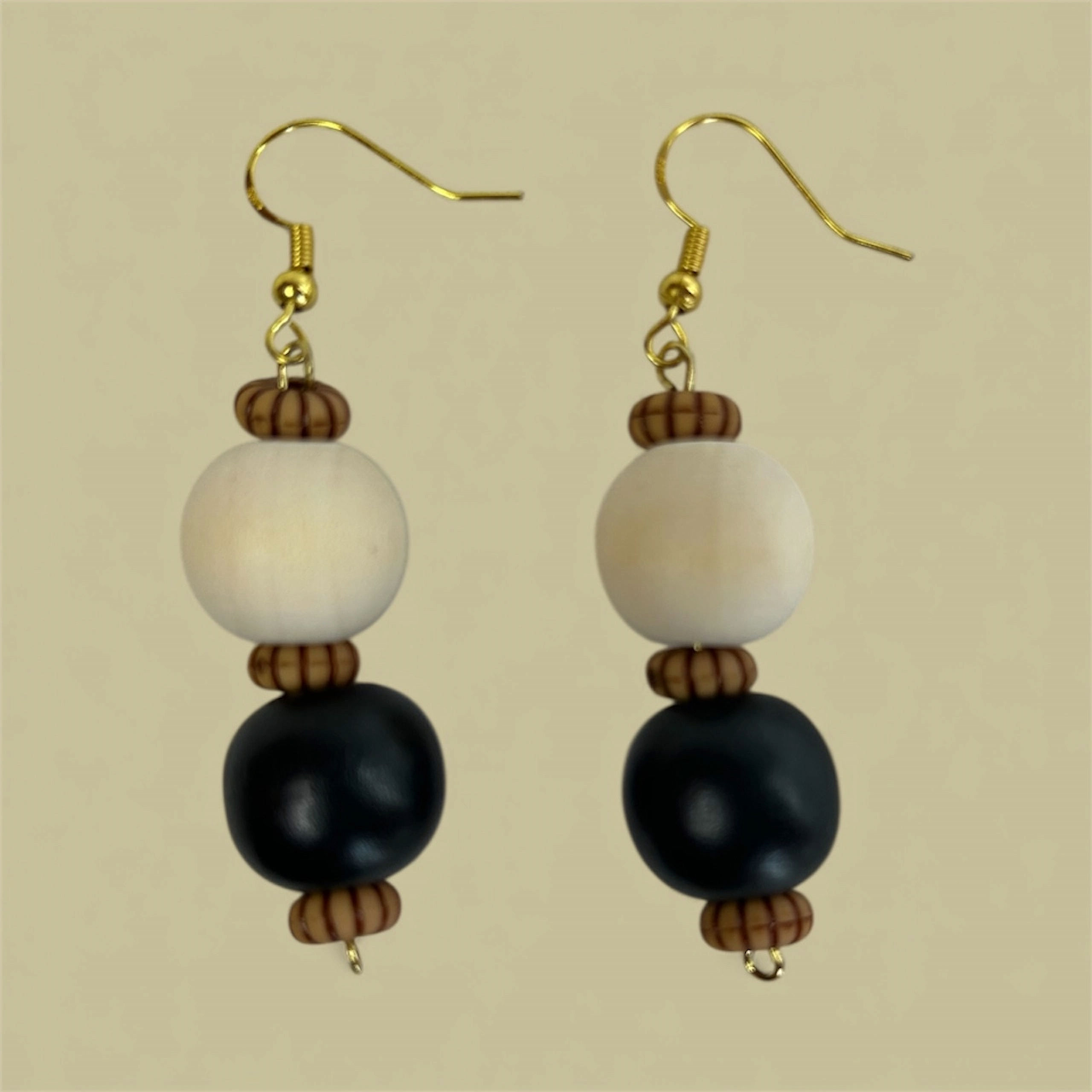 White & Black Wooden Earrings Accented with Brown Wooden Beads