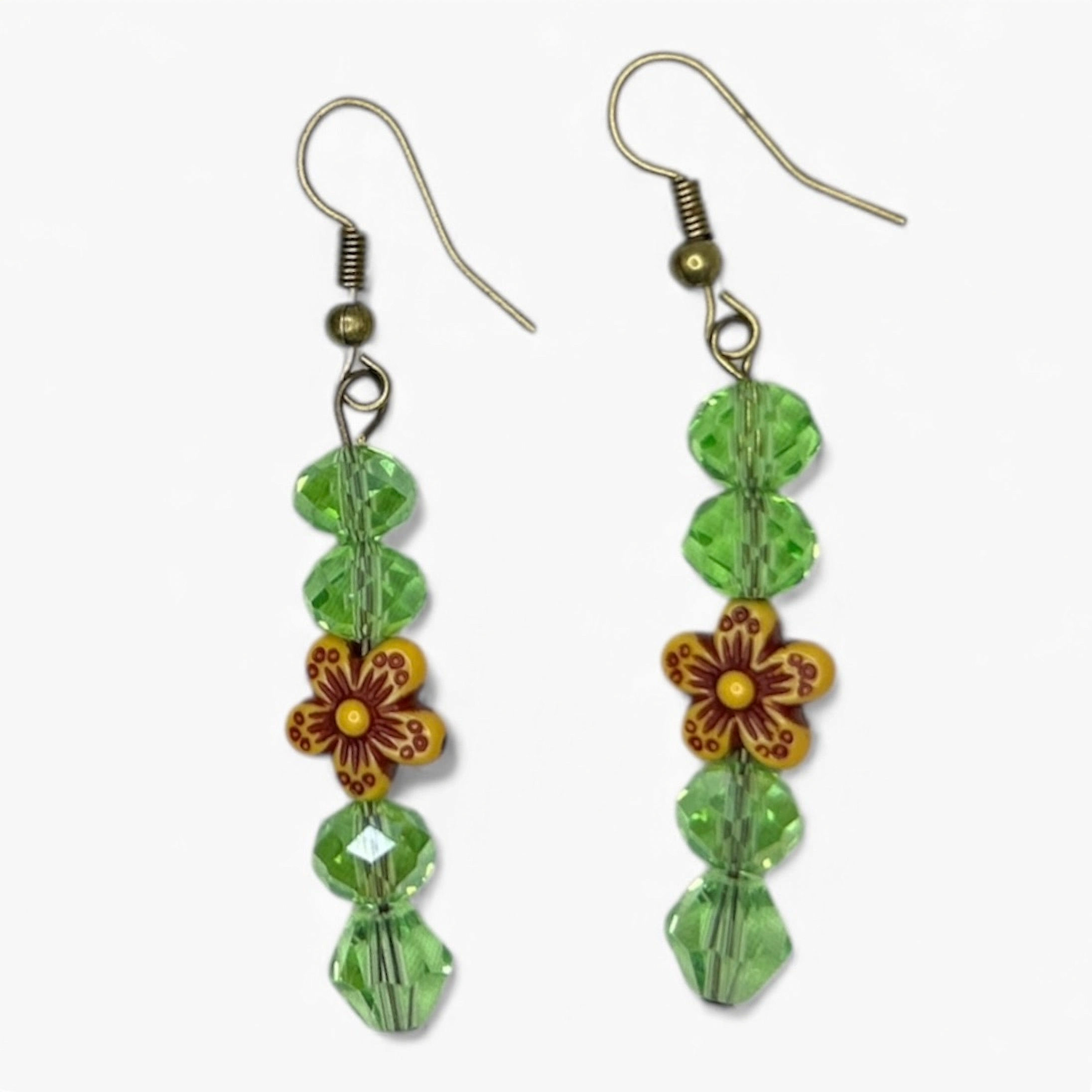 Green Glass Beads with Wooden Star Drop Earrings