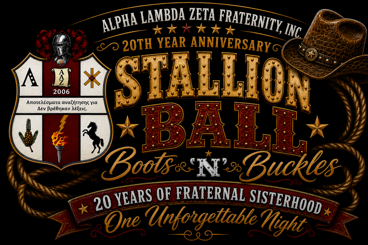 Official poster of the Stallion Ball Boots N Buckles 20th Year Celebration featuring ornate western elements.