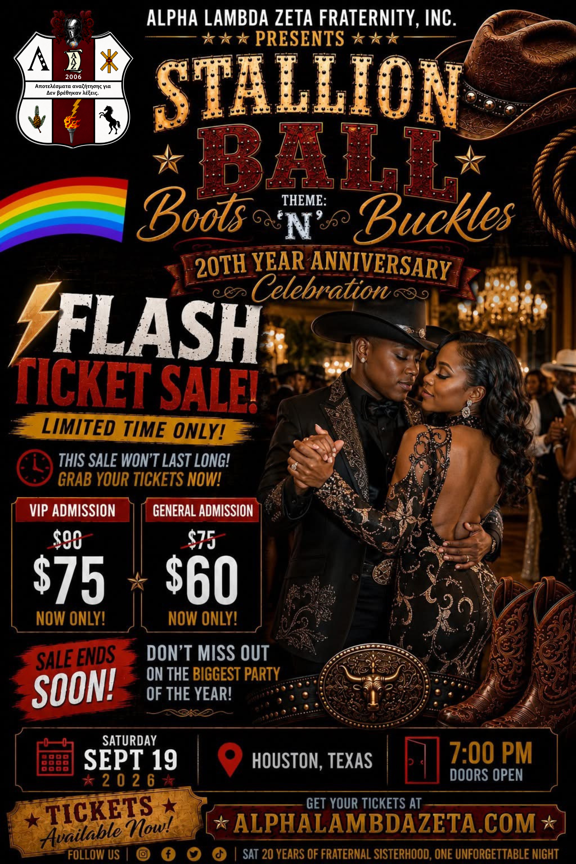 Official poster of the Stallion Ball Boots N Buckles 20th Year Celebration featuring ornate western elements.