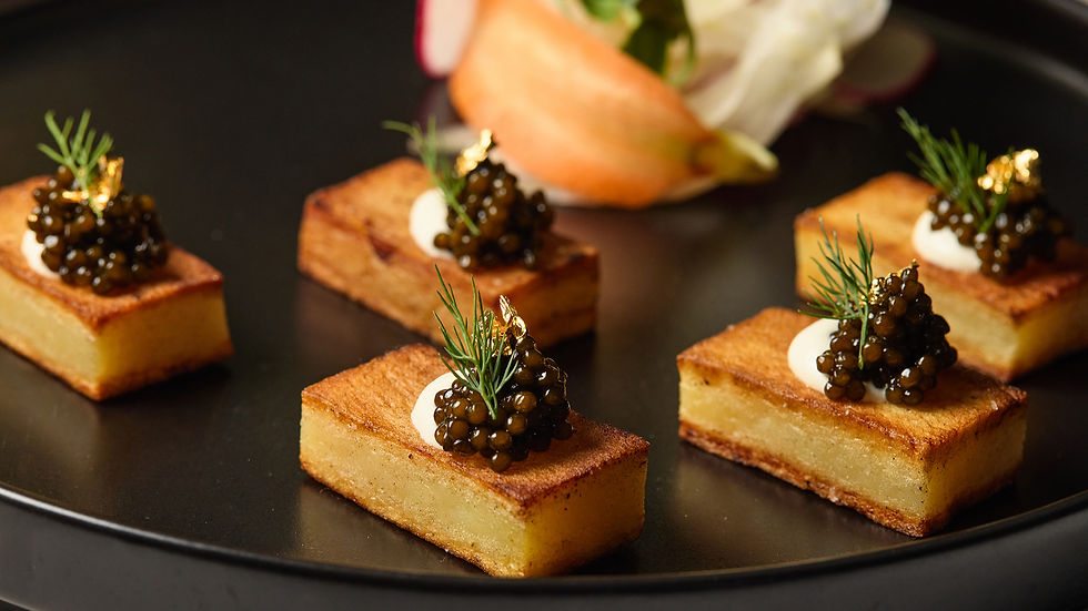 "Gold Bar" Yukon Gold Potato Plank with Vodka Creme Fraiche, Amber Caviar, Edible Gold Leaf, Dill