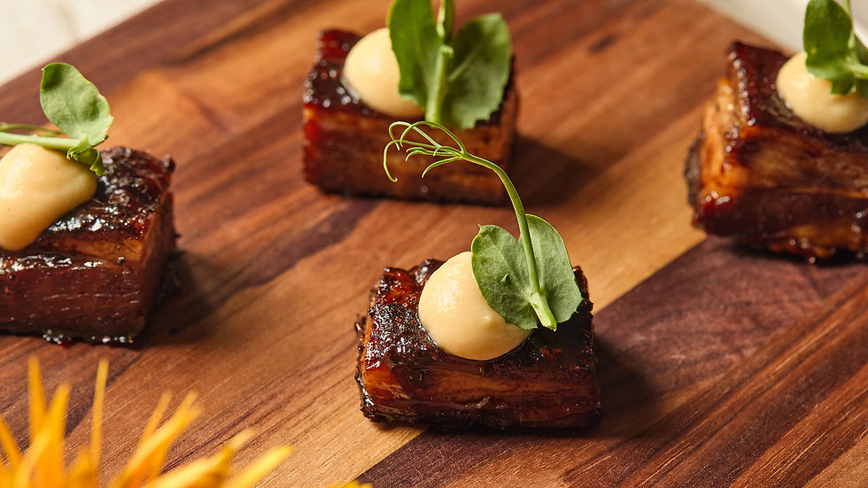 Smoked, Lacquered Lamb Belly with Rutabaga Puree, Crispy Shallots, Pea Cress