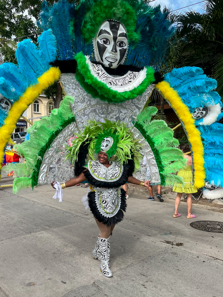 Carnival participant wearing an elaborate costume during St. John Celebration in the U.S. Virgin Islands