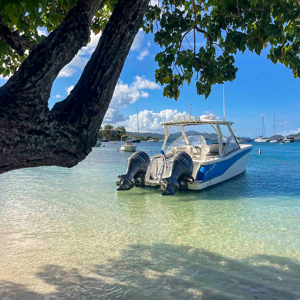 Private boat charter vs renting a boat in the USVI shown with Beach Bum anchored in clear turquoise water ready for guests