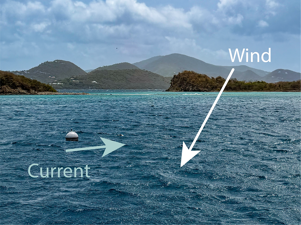 Annotated photo at Waterlemon Cay showing wind and current moving in different directions, with the painter line revealing the stronger ocean current.