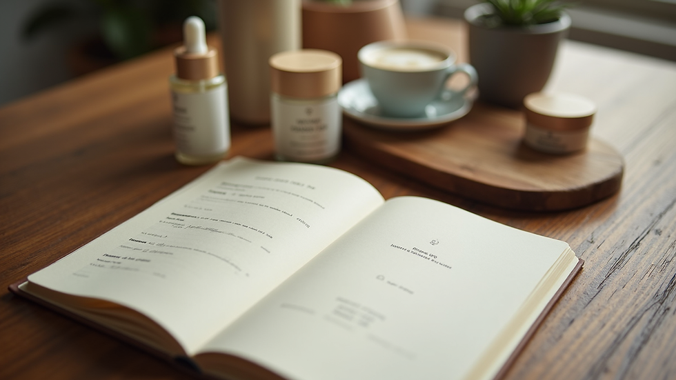 Close-up view of a travel journal and wellness essentials on a wooden table