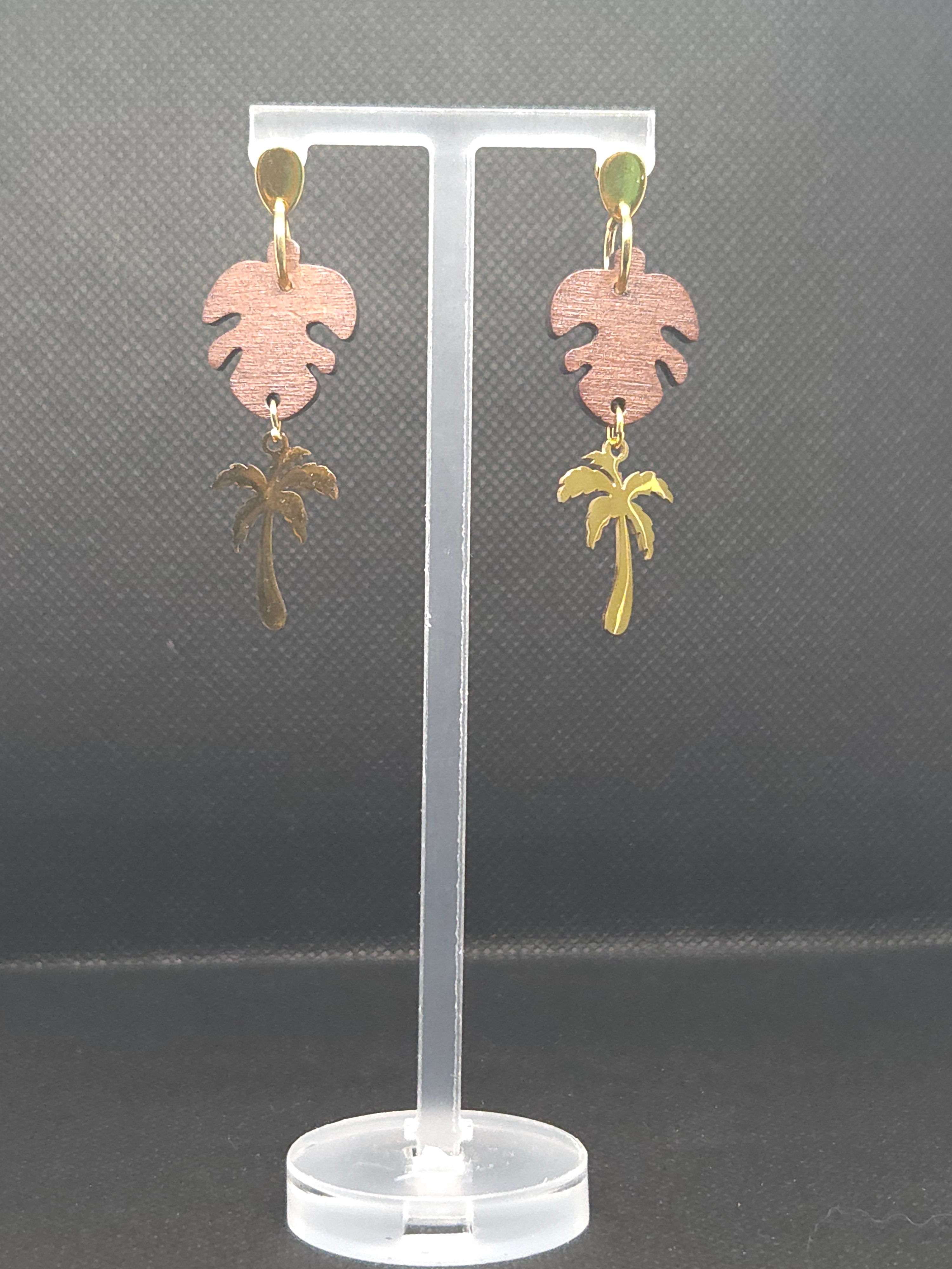 SS Gold Color Coconut Tree and Wooden Monstera Earing