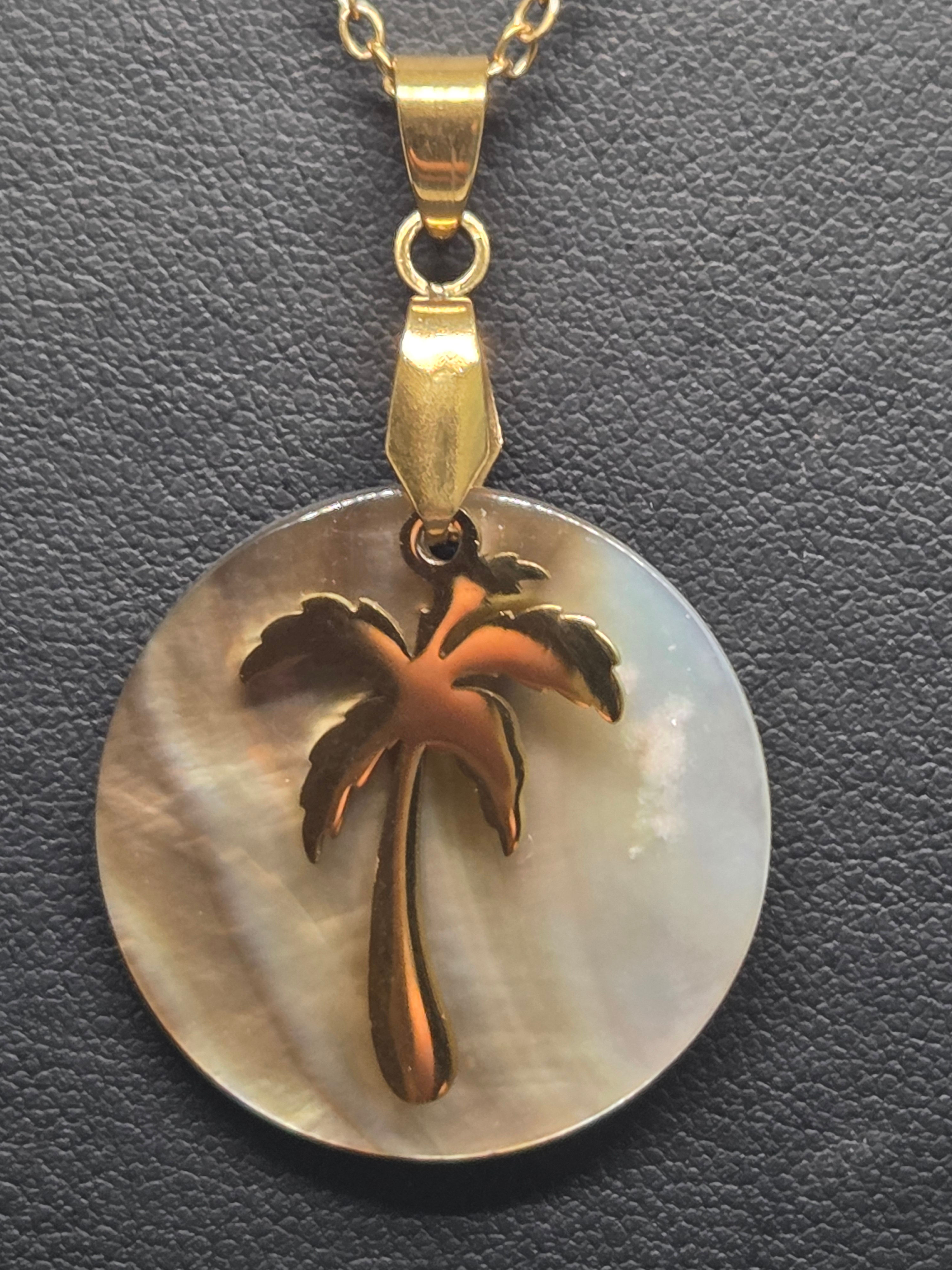 SS Gold Coconut Tree and Round Natural Fresh Water Shell Pendant and Chain