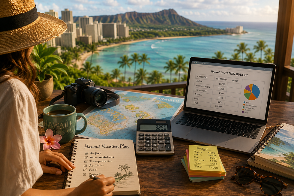 Woman plans a Hawaii vacation at a desk overlooking Waikiki, with laptop budget, notebook, camera, map, coffee, and sunhat.