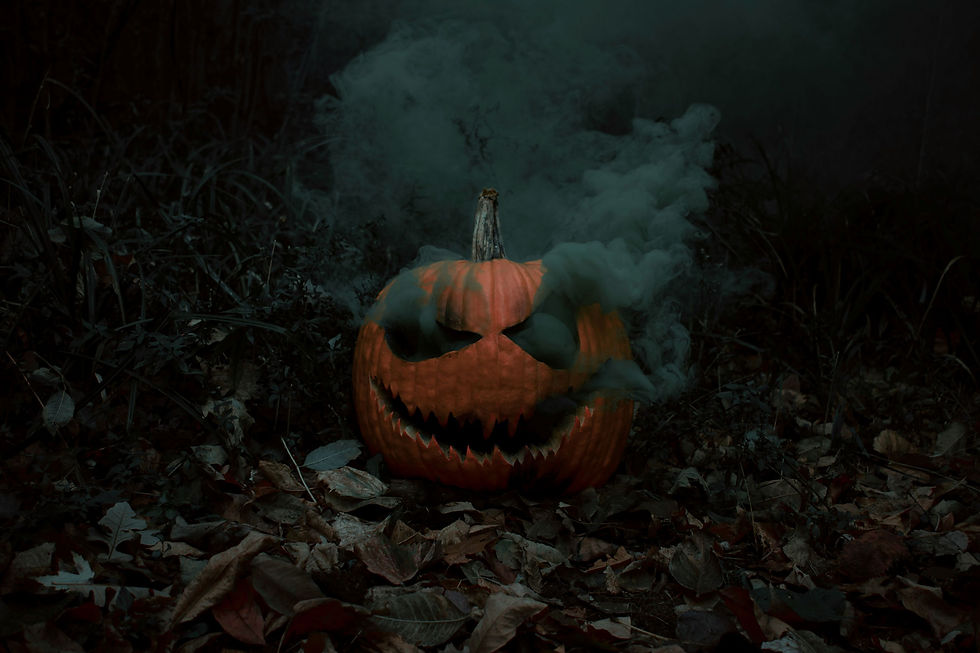 Pumpkin with smoke (jack o latern on with black smoke coming out of it) Reference: Photo by Daniel Lincoln on Unsplash