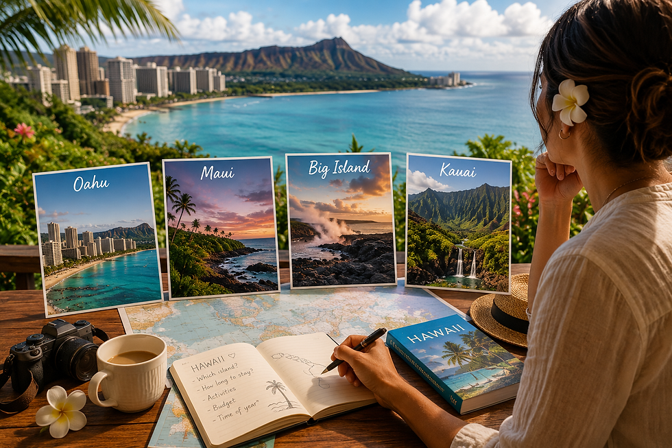 Woman plans Hawaii trip at table overlooking Waikiki, comparing Oahu, Maui, Big Island and Kauai photos; notebook and map open.