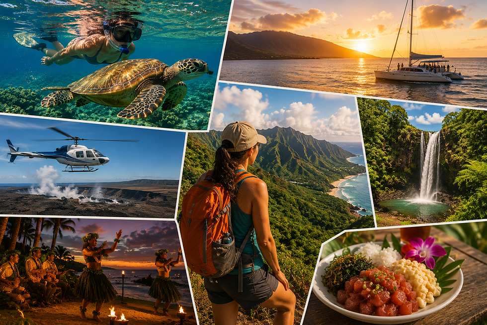 Collage of tropical adventures: snorkeler with sea turtle, sailboat, helicopter, hiker, waterfall, hula dancers, and poke bowl.