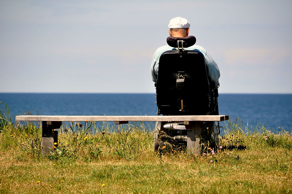 man sitting in a wheelchair looking at the ocean