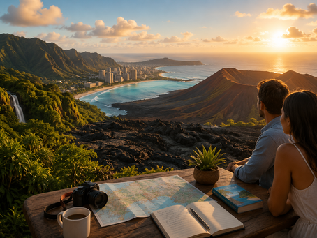 Couple planning a Hawaiian vacation while overlooking scenic views of Oahu, Maui, Kauai, and the Big Island