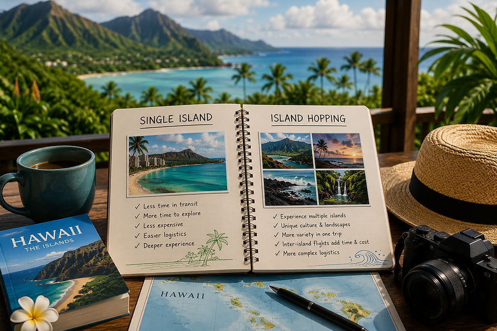 Travel planning desk with Hawaii guidebook, coffee, camera, hat, and notebook comparing single island vs island hopping by a tropical bay.