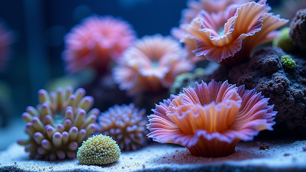 Close-up view of a reef aquarium with LED lighting highlighting colorful corals