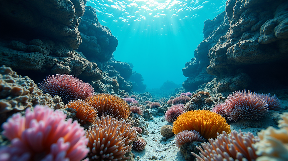 Eye-level view of a vibrant reef aquascape with layered live rocks and corals