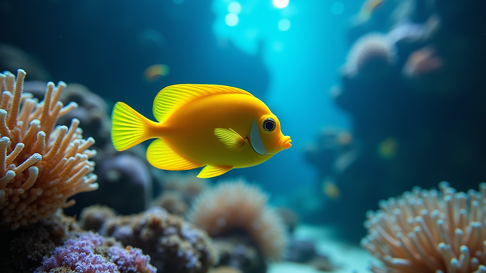 Eye-level view of a yellow tang swimming near coral in a marine aquarium