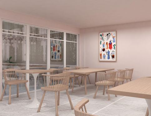 a room with tables and chairs and a painting on the wall