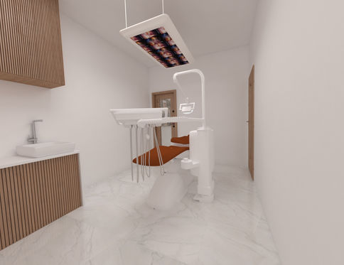 an orange dental chair in a white room