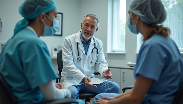 Eye-level view of a calm consultation room with a surgeon explaining procedure details to a patient